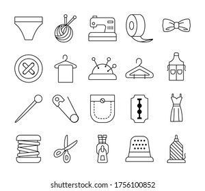 scirssors and sewing icon set over white background, line style, vector illustration