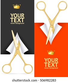 Scissor Banner Vertical Set Vip. Luxury Design. Vector illustration of red and black background and gold crown for web site, coupon, voucher, placard. 