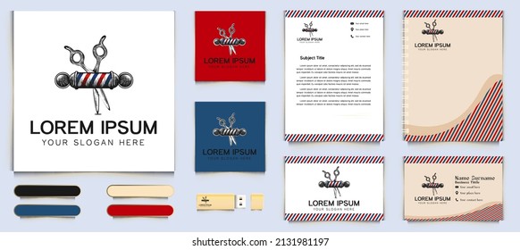 Scissor and Barber pole, Hand drawn barber shop Logo and business card branding template Designs Inspiration Isolated on White Background