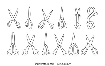 Scissor black line set. Hand drawn professional pair, scissors cutting hair or needlework. Craft and scissoring flat creative scissors. Open, closed cutting or nippers collection. Vector illustration