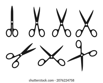 Scissor black silhouette icon set. Needlework shear or school and office. Different open scissors or closed. Stationary for education. Simple cutting tools . Isolated on white vector illustration