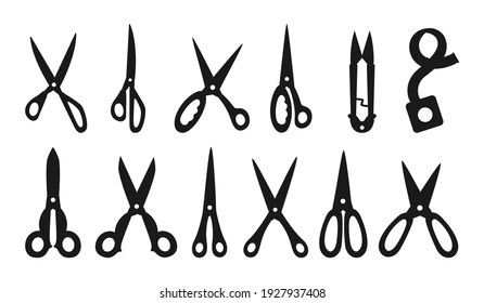 Scissor black silhouette set. Professional pair, scissors cutting hair or needlework. Craft and scissoring flat creative scissors. Open, closed cutting or nippers collection. Vector illustration