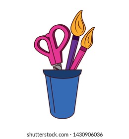 Scissor and brushes with cup cartoon vector illustration graphic design