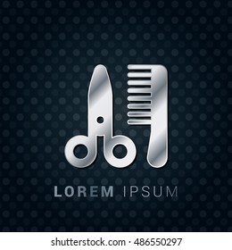 Scissor and comb 3D Silver/Platinum/Steel Metallic Premium Icon / Logo Design