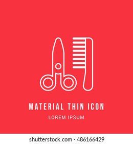 Scissor and comb Bright red material designed line thin flat icon / logo