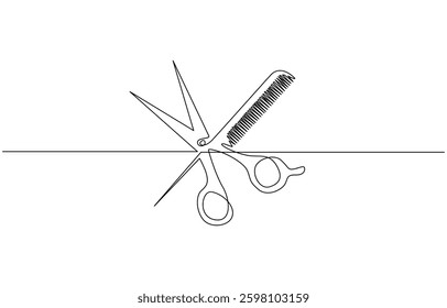 Scissor and comb continuous one line drawing vector illustration, Set of scissors and comb one line continuous drawing vector illustration. Hand drawn linear silhouette icon.