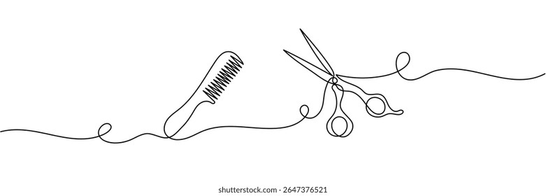 Tesoura e pente contínua uma linha desenho vetor ilustração, Conjunto de tesouras e pente uma linha contínua desenho vetor ilustração. Traçado editável