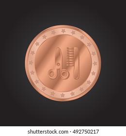 Scissor and comb embossed realistic bronze coin precious Icon / Logo Design