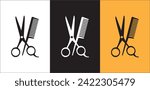 Scissor and comb icon set. Crossed scissors and combs vector icon set. Barbershop, salon, hairdresser, haircut, hairstylist symbol or signs collection. Vector stock illustration