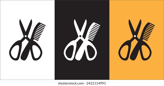 Scissor and comb icon set. Crossed scissors and combs vector icon set. Barbershop, salon, hairdresser, haircut, hairstylist symbol or signs collection. Vector stock illustration