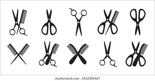 Scissor and comb icon set. Crossed scissors and combs vector icon set. Barbershop, salon, hairdresser, haircut, hairstylist symbol or signs collection. Vector stock illustration