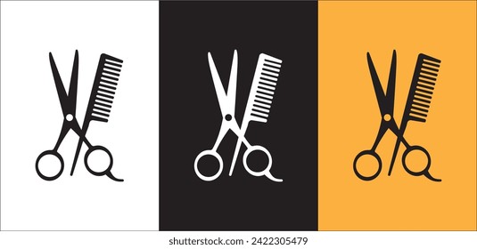 Conjunto de iconos de tijera y peine. Tijeras cruzadas y peines conjunto de iconos vectoriales. Barbería, salón de belleza, peluquería, corte de pelo, símbolo de peluquería o colección de carteles. Ilustración de material vectorial