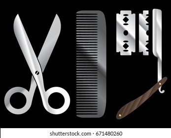 Scissor, comb, razor vector drawing