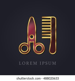 Scissor and comb Red Ruby with Golden Frame Precious Jewellery Icon / Logo Design