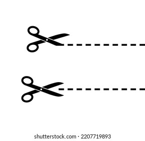 Scissor with cut line. Black scissors isolated on white background. Snip ribbon. Separation element. Scissor with ribbon for design dash border page. Dotted outline on paper. Vector illustration