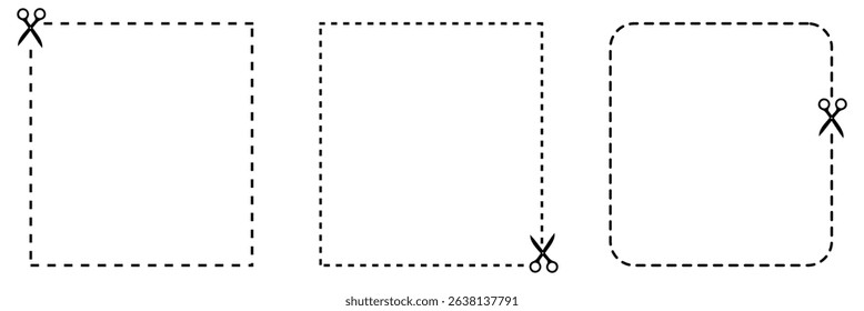 Scissor with cut line icon. paper dash cut mark icon. scissor trim line icon. dotted dash cutting line symbol . Vector Illustration . EPS 10 .