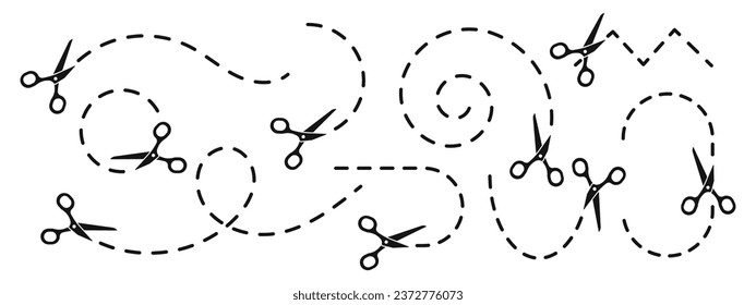 scissor cut line icons.  Scissors cutting path icons. 