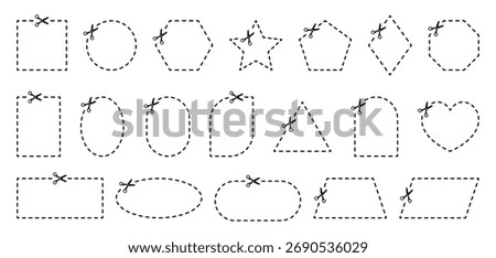 Scissor cut lines for coupon. Dash border for rectangle, circle, and square. Dotted frame with outline.