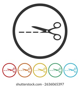 Scissor with cut lines logo design. Set icons in color circle buttons