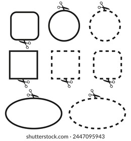 Scissor cut lines set. Circular, square, oval outlines. Coupon border icons. Vector illustration. EPS 10.