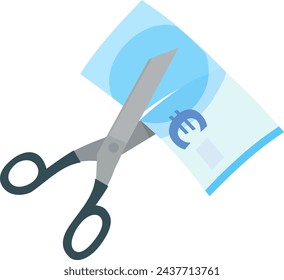 A scissor cuts a blue euro banknote with flat design style (cut out)