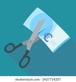 A scissor cuts a blue euro banknote on a blue background and long shadow in flat design style