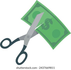 A scissor cuts a green dollar banknote with flat design style (cut out)
