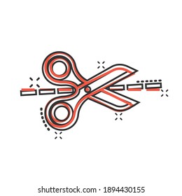 Scissor with cutting line icon in comic style. Cut equipment cartoon vector illustration on white isolated background. Cutter splash effect business concept.