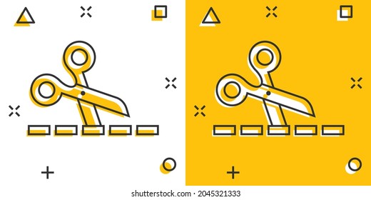 Scissor with cutting line icon in comic style. Cut equipment cartoon vector illustration on white isolated background. Cutter splash effect business concept.