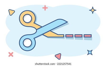 Scissor with cutting line icon in comic style. Cut equipment cartoon vector illustration on white isolated background. Cutter splash effect business concept.