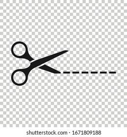 Scissor with cutting line icon in flat style. Cut equipment vector illustration on white isolated background. Cutter business concept.