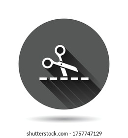 Scissor with cutting line icon in flat style. Cut equipment vector illustration on black round background with long shadow effect. Cutter circle button business concept.