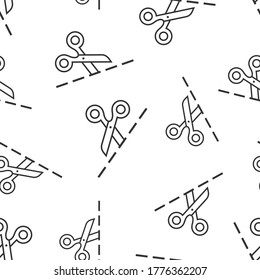 Scissor with cutting line icon in flat style. Cut equipment vector illustration on white isolated background. Cutter seamless pattern business concept.