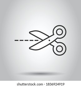 Scissor with cutting line icon in flat style. Cut equipment vector illustration on white isolated background. Cutter business concept.