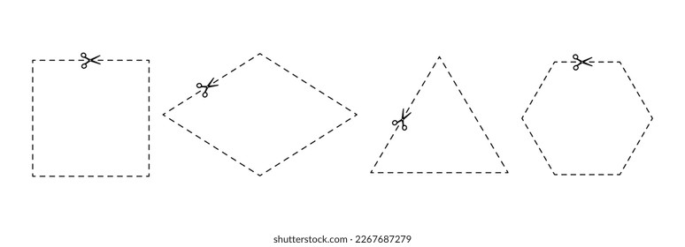 Schere mit Schnittlinie in verschiedenen geometrischen Formen. Papiersymbol mit gestrichenem Schnipsel. Punktmarkierungen auf dem Gutschein. Trimmband mit Schere. Schwarzer Scherkulturrand. Vektorgrafik