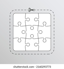Scissor with dash cut line. Dot marks in square shape on background. Black shear crop border on voucher. Trim ribbon with scissor isolated on white coupon. Vector illustration.