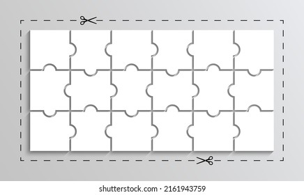 Scissor with dash cut line. Dot marks in rectangle shape. Black shear crop border on voucher. Trim ribbon with scissor isolated on white coupon with puzzle pieces set. Vector illustration.