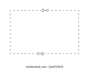 Scissor with dash cut line. Dot marks in rectangle shape. Trim ribbon with scissor isolated on white coupon. Black shear crop border on voucher. Vector illustration.
