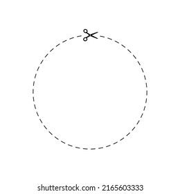Scissor with dash cut line. Dot marks in circle shape on voucher. Black shear crop border. Trim ribbon with scissor on white coupon background. Paper cutting icon with dotted snip. Vector illustration