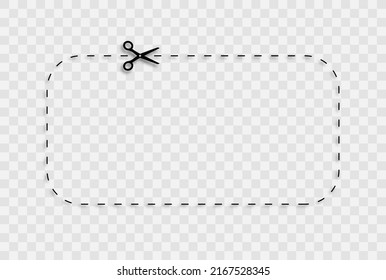 Scissor with dash cut line. Dot marks in rectangle shape. Trim ribbon with scissor. Black shear crop border on voucher. Paper cutting icon with dotted snip. Vector illustration.
