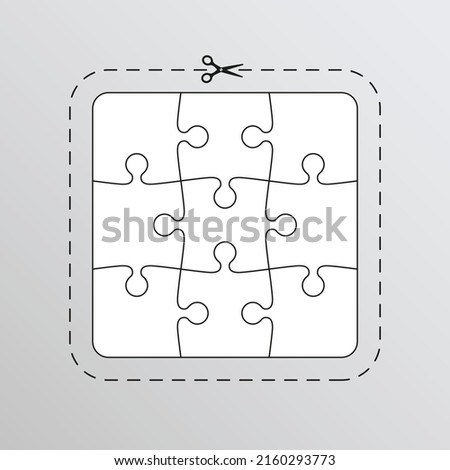 Scissor with dash cut line. Dot marks in square shape on background. Black shear crop border on voucher. Trim ribbon with scissor isolated on white coupon. Vector illustration.