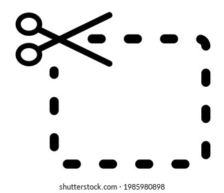 Scissor design discount cupons vector icon and dotted border strip for cutting. Linear style sign for rebates. Symbol, black and white logo illustration