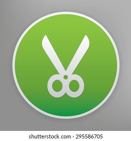 Scissor design icon on green button, clean vector