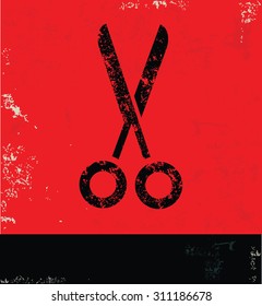 Scissor design on red background, grunge vector