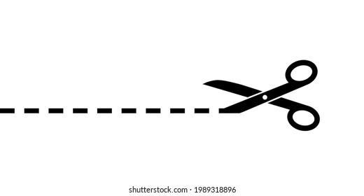 Scissor with dot line. Cut coupon. Snip ribbon. Black scissors isolated on white background. Separation element. Scissor with ribbon for design dash border page. Dotted outline on paper. Vector