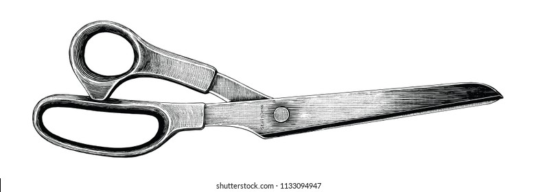 Scissor hand drawing engraving vintage style isolated on white background