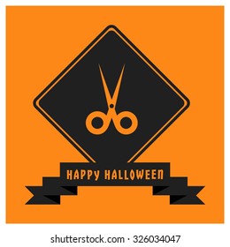 Scissor icon. Black Happy Halloween Ribbon Banner on Orange background. Vector illustration