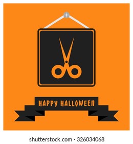 scissor icon. Black Happy Halloween Ribbon Banner on Orange background. Vector illustration