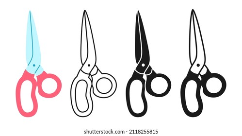 Scissor icon cartoon drawn or glyph stamp, doodle line set. Shear cutout tool simple flat symbol. Hairdresser haircut, tailor barber cut sign. Vector design for mobile apps, web and print media