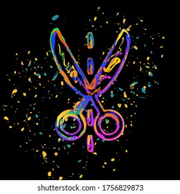 Icono de Sissor. Tinta coloreada con salpicaduras en fondo negro